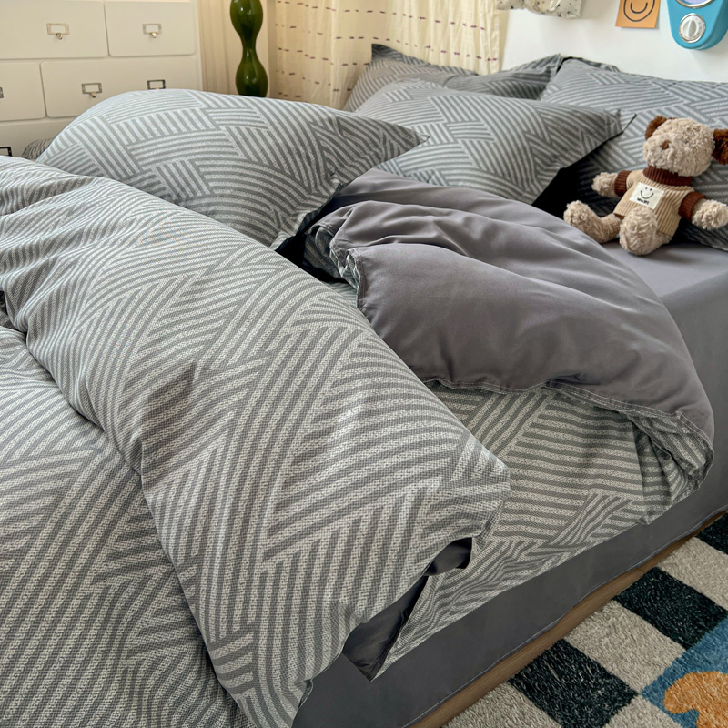 Linen Duvet Cover - 4PC 그레이 기하학 무늬 침구 세트,
