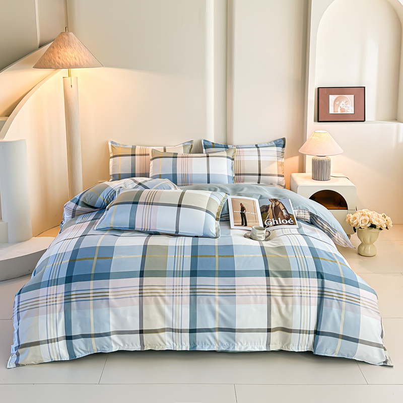 4PCS 블루 체크무늬 침구 세트 현대적인 기하학적 그 - Linen Duvet Cover 리뷰 및 가격